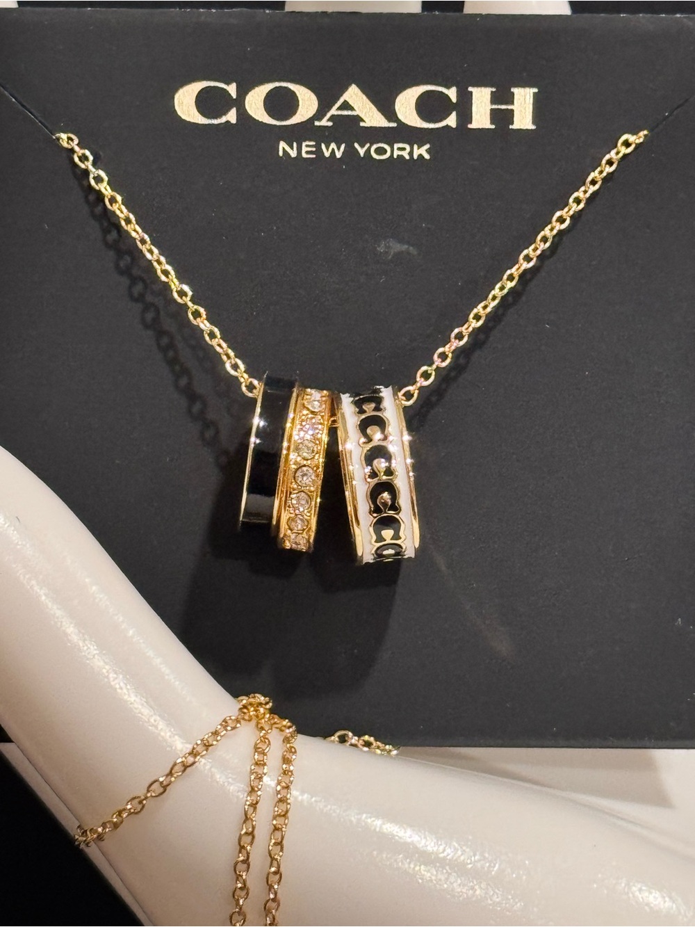 NWT Coach Gold Black and White Enamel & Crystal 3-Ring Trio Pendant Necklace
